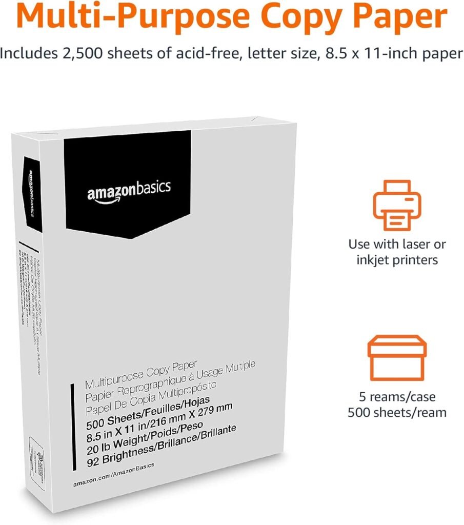 Amazon Basics Multipurpose Copy Printer Paper, 8.5 x 11, 20 lb, 8 Reams, 4000 Sheets, 92 Bright, White