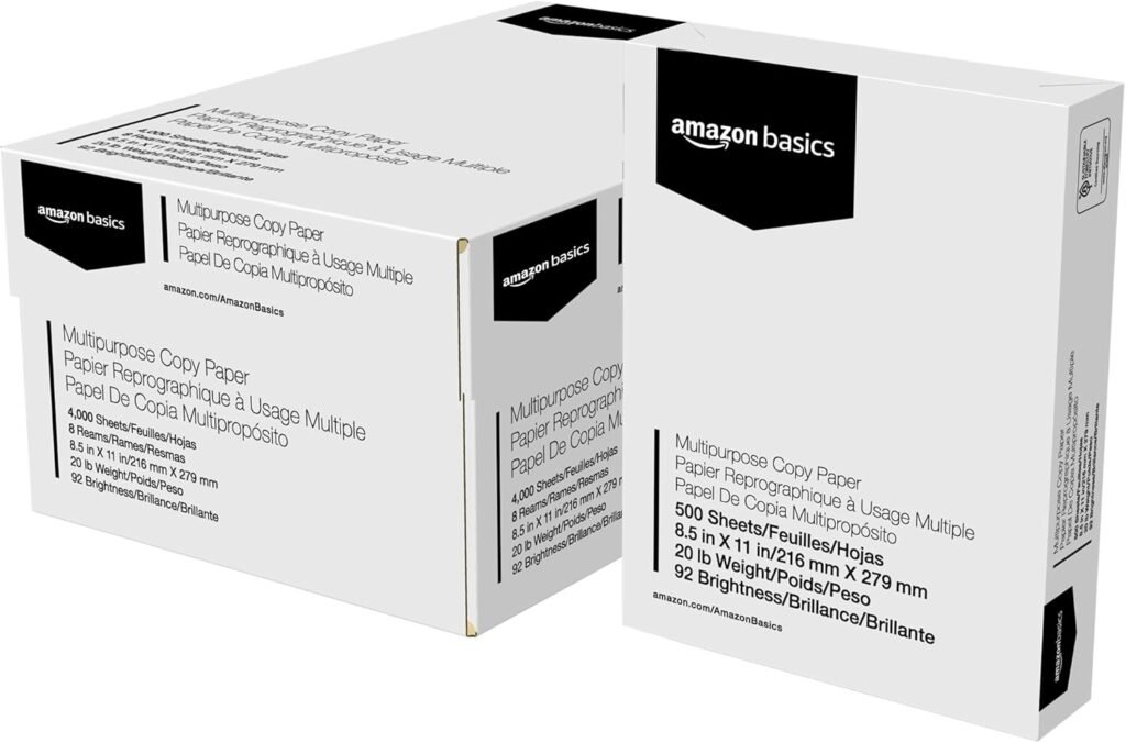 Amazon Basics Multipurpose Copy Printer Paper, 8.5 x 11, 20 lb, 8 Reams, 4000 Sheets, 92 Bright, White