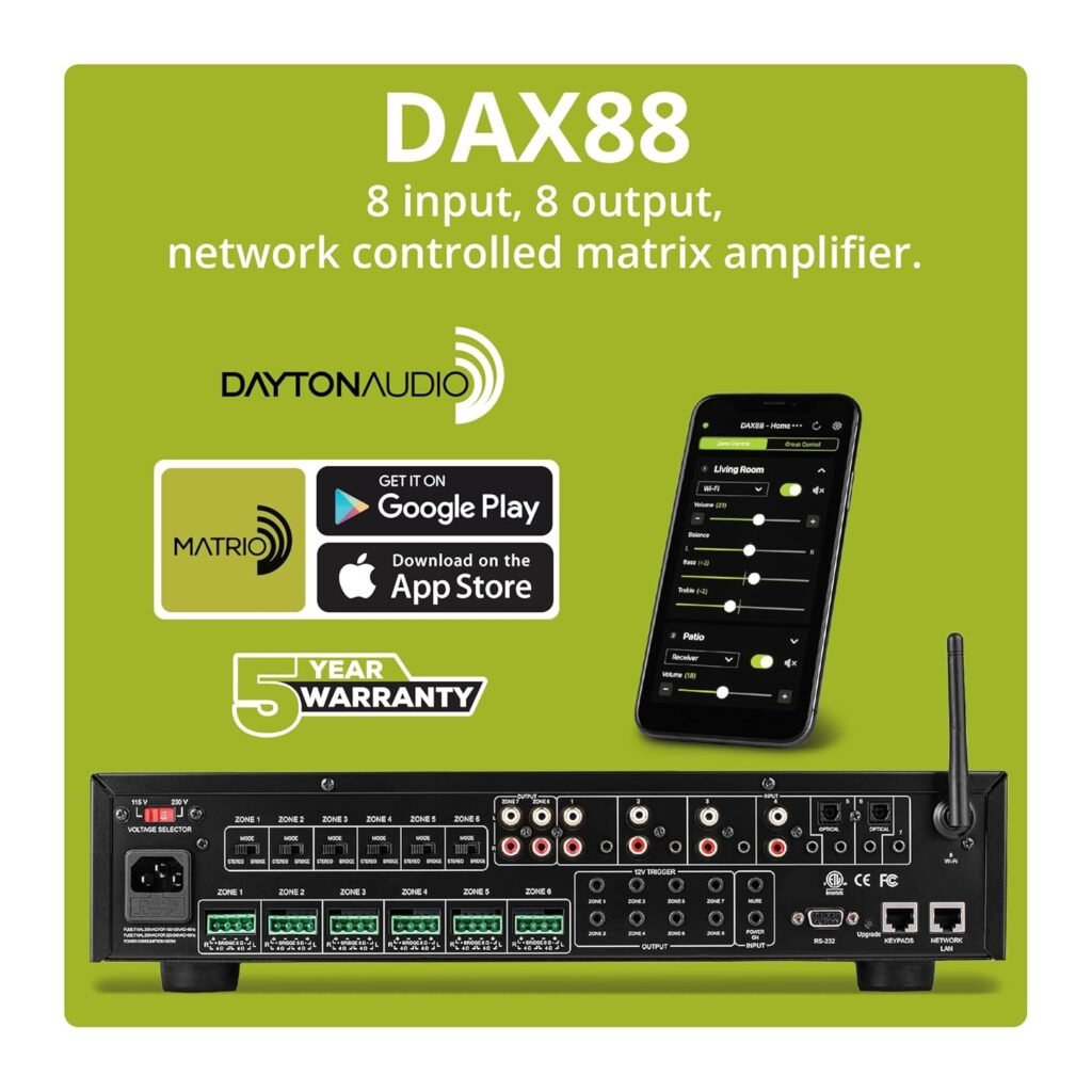 Dayton Audio DAX88 8-Source 8-Zone Bridgeable Distributed Audio Matrix Amplifier with Integrated Wi-fi and Mobile App - 75 WPC at 8 Ohms, 180 WPC at 8 Ohms Bridged - 5 Year Warranty