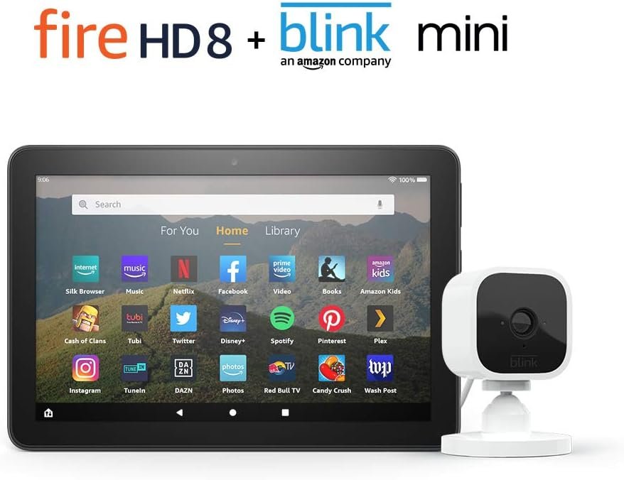 Fire HD 8 Smart Home Bundle including Fire HD 8 Tablet 32 GB Ad-Supported (Black) with Blink Mini Camera