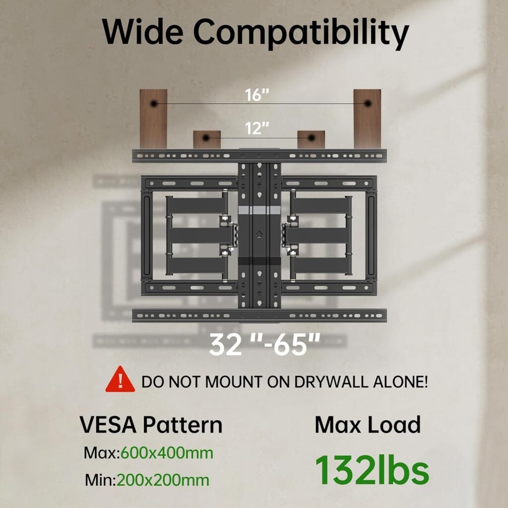 Geckostrol Full Motion TV Wall Mount for Most 32-65 inch Flat Screen/LED/4K TV, TV Mount Bracket Dual Swivel Articulating Tilt 6 Arms, Max VESA 600x400mm, Holds up to 132lbs, Fits 12” 16 Wood Studs