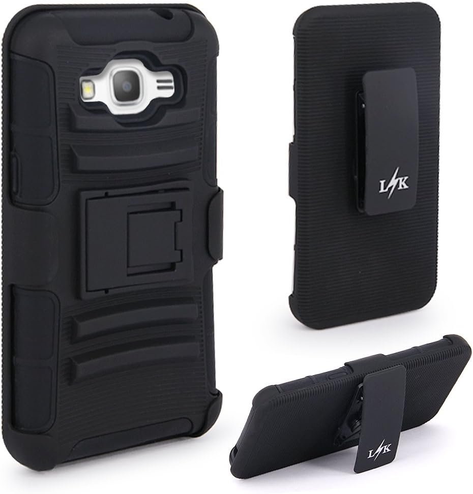 Grand Prime Case, LK [Heavy Duty] Black Armor Holster Defender Full Body Protective Hybrid Case Cover with Belt Clip for Samsung Galaxy Grand Prime