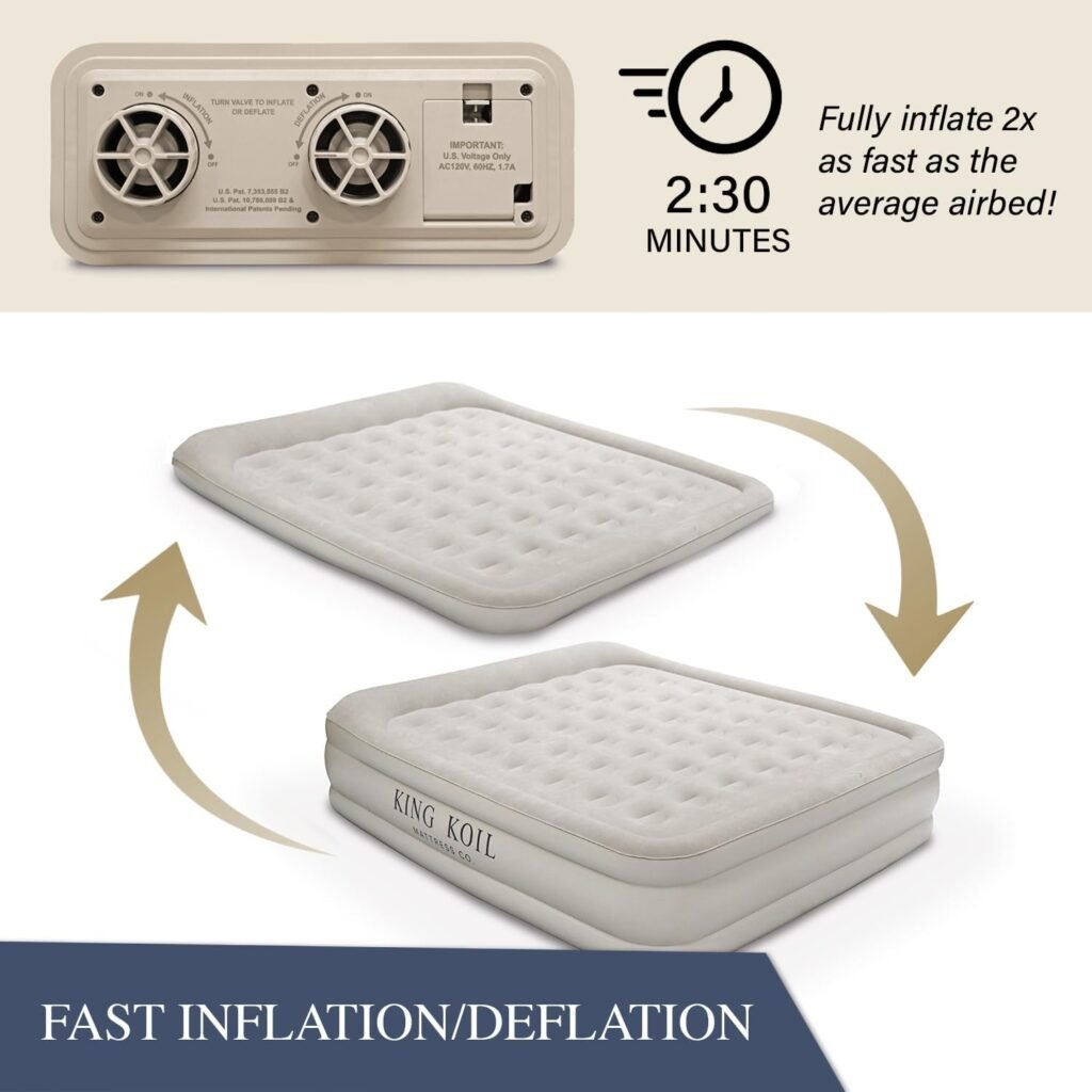 King Koil Pillow Top Plush Queen Air Mattress With Built-in High-Speed Pump Best For Home, Camping, Guests, 20 Queen Size Luxury Double Airbed Adjustable Blow Up Mattress, Waterproof, 1-Year Warranty