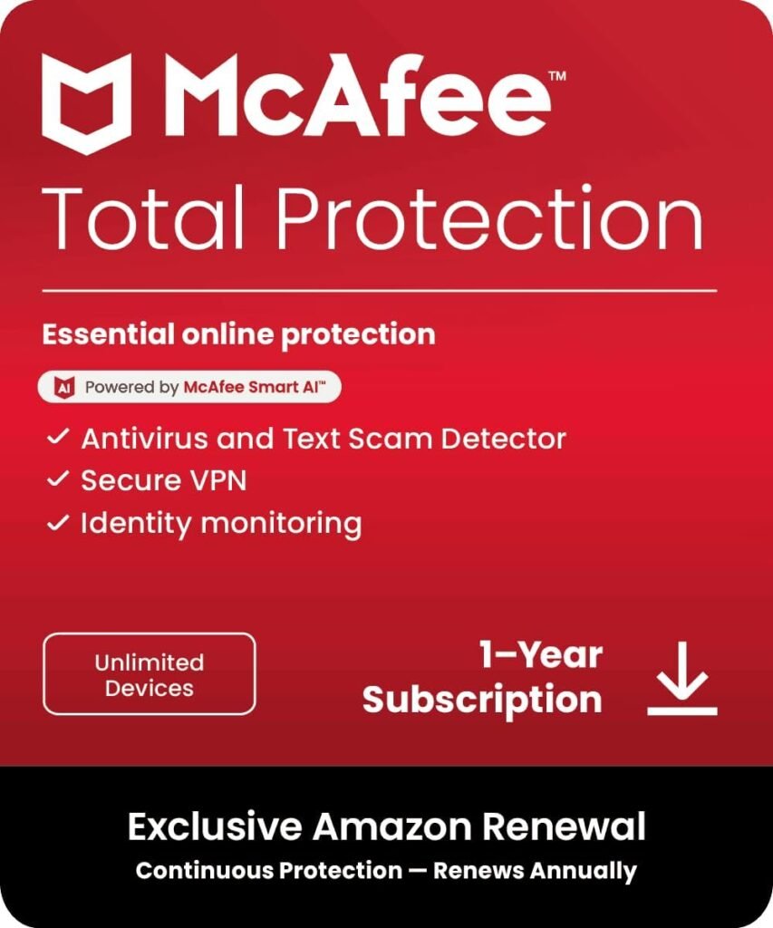 McAfee Total Protection 3-Device 2025 Ready |Security Software Includes Antivirus, Secure VPN, Password Manager, Identity Monitoring | Download