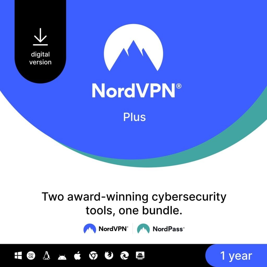 NordVPN Plus — 1-Year - VPN  Cybersecurity Software Bundle — Protection Personal Information, Safely Manage Passwords - PC/Mac/Mobile [Online Code]