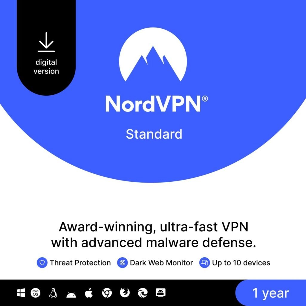 NordVPN Standard - 1-Year - VPN  Cybersecurity Software For 10 Devices – Block Malware, Malicious Links  Ads, Protect Personal Information - PC/Mac/Mobile [Online Code]