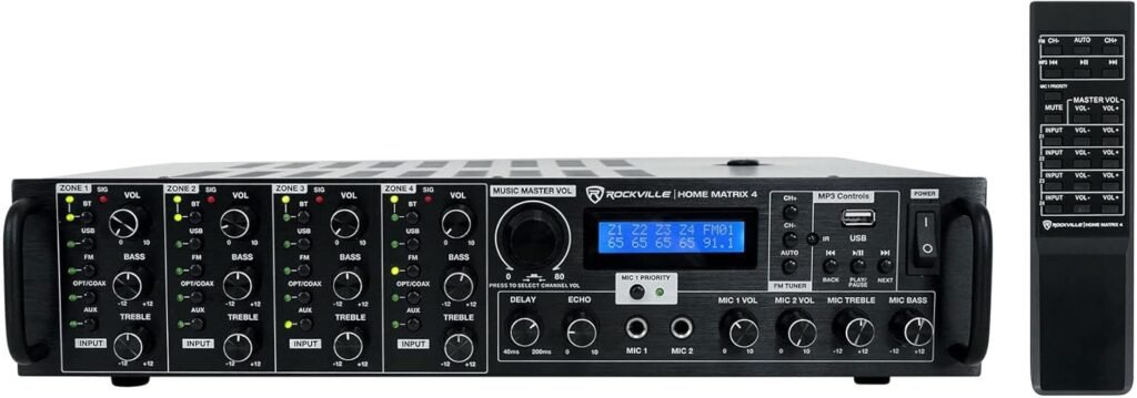 Rockville Home Matrix 4 4-Zone 8-Channel 600W Multi-Room/Source Receiver Amplifier, Bluetooth, USB, Optical, FM Radio, Includes Remote - Perfect for Home Audio, Restaurants, Offices, Schools