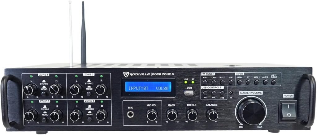 Rockville Rock Zone 8 8-Zone 8-Channel 1000W Multi-Room/Source Receiver Amplifier, Bluetooth, USB, Optical, FM Radio, Includes Remote - Perfect for Home  Commercial Audio, Restaurants, Offices