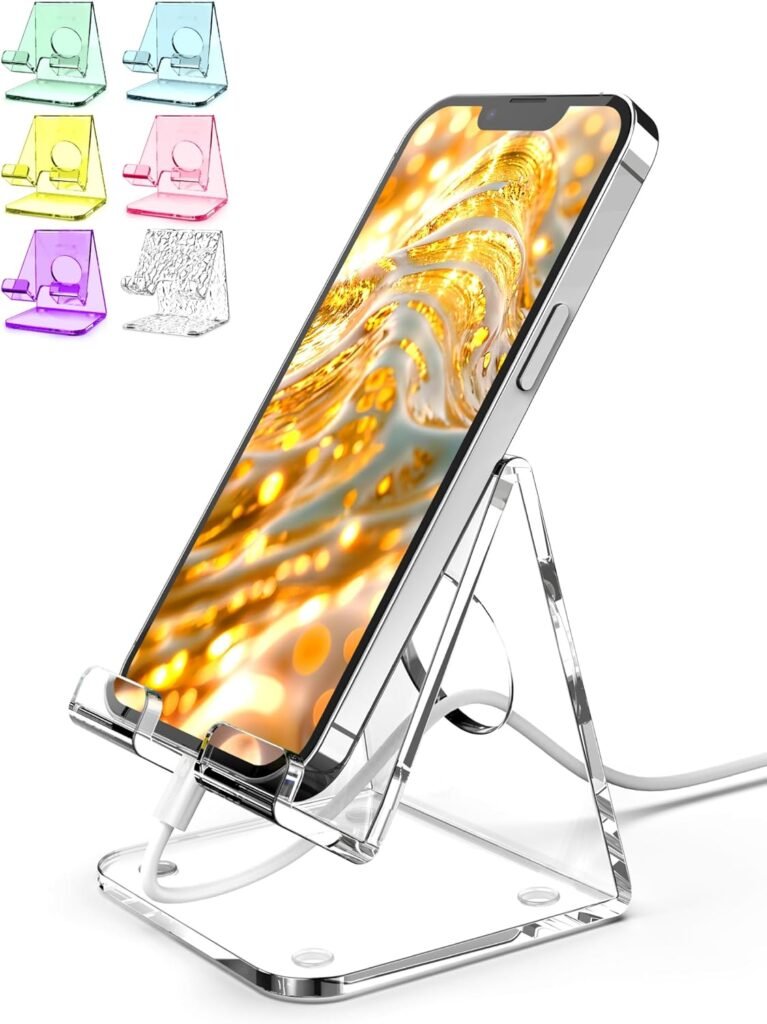 TOPGO Acrylic Cell Phone Stand, Clear Phone Holder for Office Desk, Vanity, Kitchen, Bedside Table, Compatible with iPhone/Smartphones/iPad/Switch/Kindle, Office Desk Accessories, Desk Organization