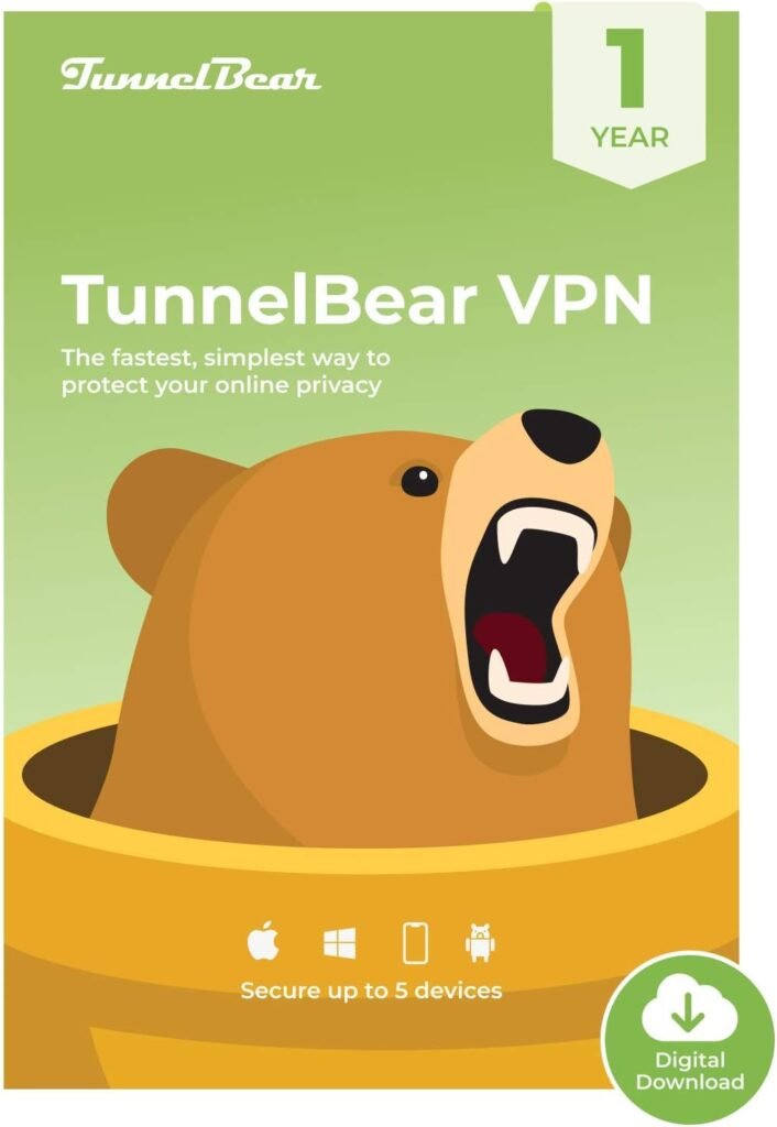 TunnelBear VPN | Wifi  Internet Privacy, Unlimited Data, 5 Devices | 1 Year | PC Code